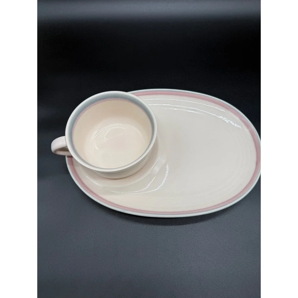 Pfaltzgraff Summer Breeze Snack Set Soup Cup and Oval‎ Plate Pink Blue Band USA